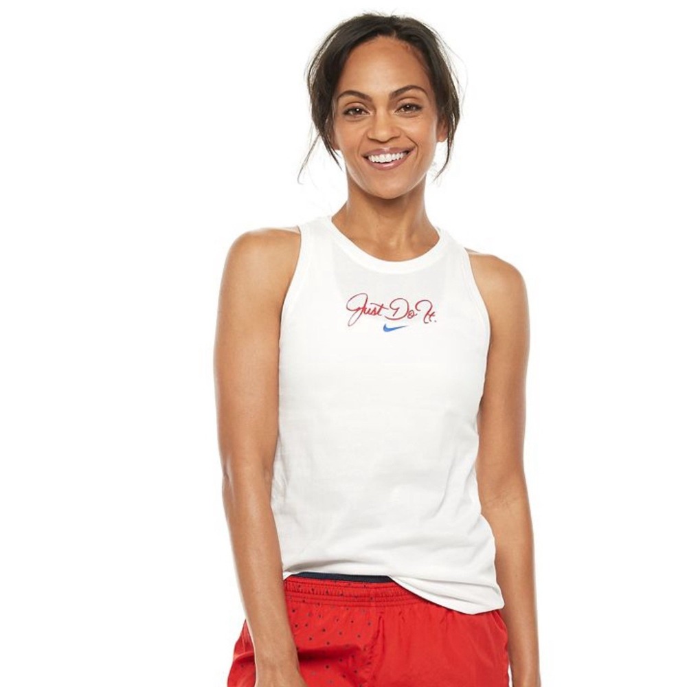 Nike DRI-FIT Women Size Small Just Do It Training Tank CT7346-101 White 4th July